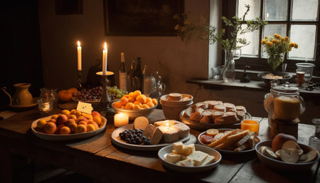 Fresh organic fruit and bread on rustic wooden table indoors generated by artificial intelligenceの素材