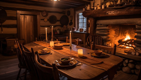 Rustic wood table illuminated by candle flame, comfortable dining chair generated by artificial intelligenceの素材