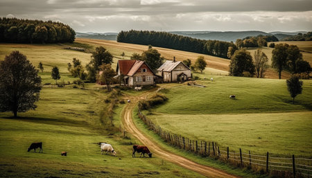 Tranquil autumn landscape cows grazing on green meadow near farmhouse generated by artificial intelligenceの素材