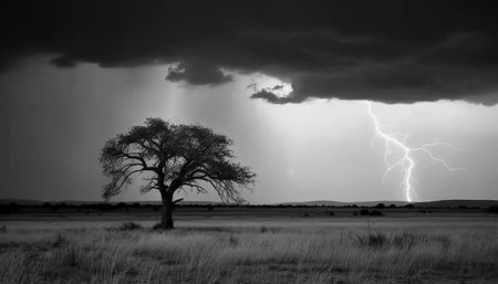Majestic horizon over land, dramatic sky, spooky beauty in nature generated by artificial intelligenceの素材