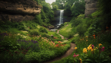 Tranquil scene of a green meadow by a flowing pond generated by artificial intelligenceの素材