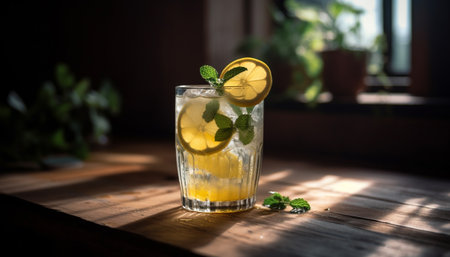 Refreshing summer cocktail with citrus fruit and mint on rustic table generated by artificial intelligenceの素材