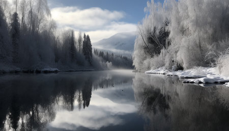 Tranquil scene of a mountain range reflected in blue water generated by artificial intelligenceの素材