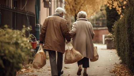 Senior couple walking in nature, holding hands, enjoying retirement happiness generated by artificial intelligenceの素材