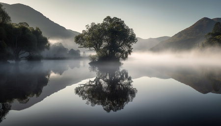 Tranquil scene of mountain range, reflection in water, autumn foliage generated by artificial intelligenceの素材