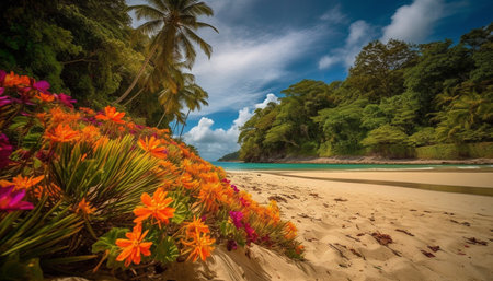 Tropical palm trees sway on the multi colored Caribbean coastline generated by artificial intelligenceの素材
