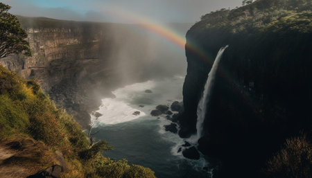 Majestic mountain range, natural landmark, beauty in nature, high up generated by artificial intelligenceの素材