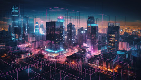 Futuristic skyscraper cityscape glows blue in digitally generated image generated by artificial intelligenceの素材