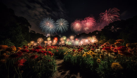 Vibrant colors ignite nature beauty in multi colored firework display generated by artificial intelligenceの素材
