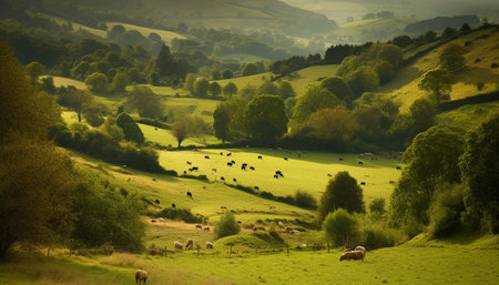 Tranquil scene of a rural farm with grazing cattle and horses generated by artificial intelligenceの素材