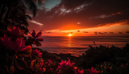 Tranquil sunset over tropical coastline, a nature beauty in dusk generated by artificial intelligenceの素材