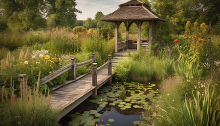 Tranquil scene of a rural cottage surrounded by blue mountains generated by artificial intelligenceの素材