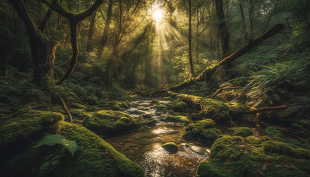 Tranquil scene of a tropical rainforest with flowing water and ferns generated by artificial intelligenceの素材