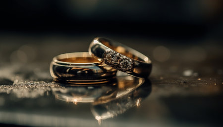 Shiny gold wedding ring symbolizes love and togetherness in marriage generated by artificial intelligenceの素材