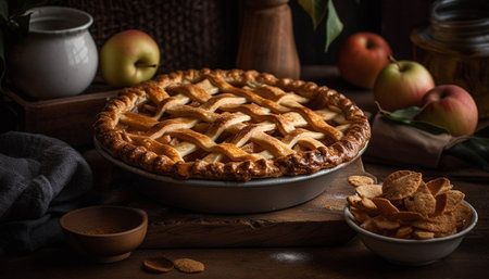 Rustic apple pie on wood table, a sweet indulgence baked homemade generated by artificial intelligenceの素材