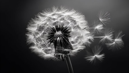 Soft fluffy dandelion seed in close up, a symbol of fragility generated by artificial intelligenceの素材