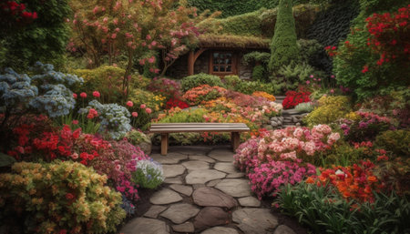 A tranquil scene of a formal garden with multi colored blossoms generated by artificial intelligenceの素材