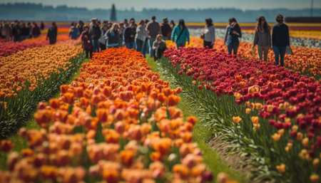 A vibrant bouquet of multi colored tulips in a formal garden generated by artificial intelligenceの素材