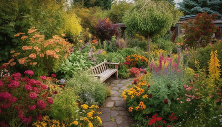 Vibrant flower blossom decorates tranquil formal garden bench outdoors generated by artificial intelligenceの素材