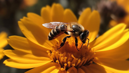 Busy honey bee picking up pollen from vibrant yellow flower generated by artificial intelligenceの素材