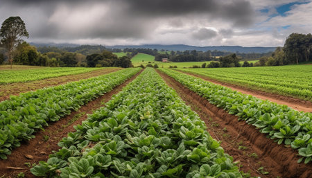 Fresh organic vegetables grow in a picturesque rural vegetable garden generated by artificial intelligenceの素材