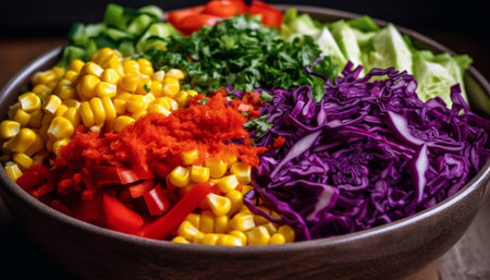 Vibrant vegetable salad with fresh organic ingredients on wooden plate generated by artificial intelligenceの素材