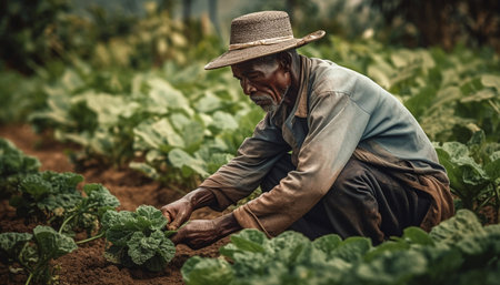 One man, a farmer, holding fresh vegetables, smiling in nature generated by artificial intelligenceの素材