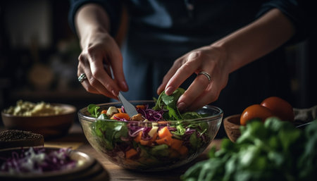 Fresh vegetarian salad preparation on rustic wooden cutting board indoors generated by artificial intelligenceの素材