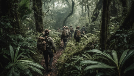 Group of people hiking through tropical rainforest on footpath generated by artificial intelligenceの素材
