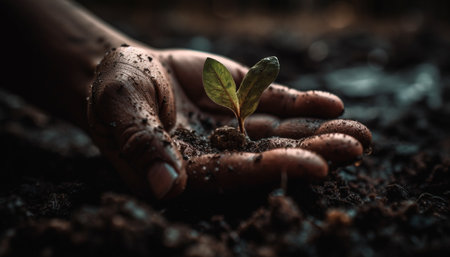 New life begins as human hand holds wet seedling for planting generated by artificial intelligenceの素材