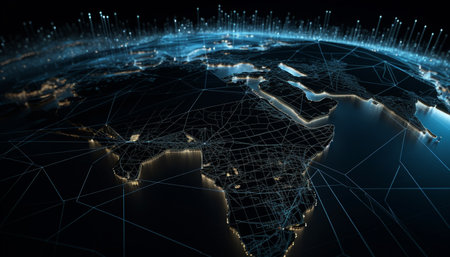 Abstract futuristic world map connects global business through wireless technology generated by artificial intelligenceの素材