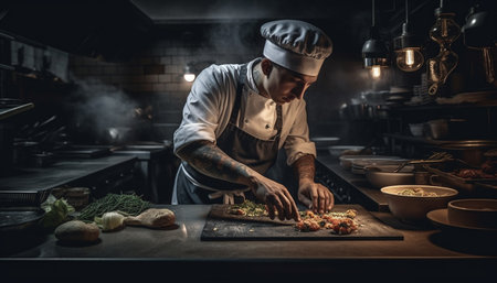 One man cooking gourmet meal, preparing fresh ingredients with expertise generated by artificial intelligenceの素材