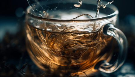 A wet whiskey glass on a table with ice and reflection generated by artificial intelligenceの素材