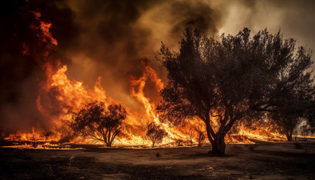Burning tree ignites inferno, causing destruction to forest environment generated by artificial intelligenceの素材