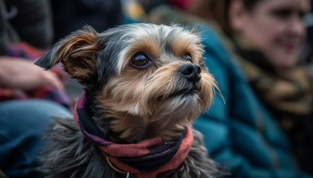 Cute Yorkshire Terrier puppy sitting outdoors, looking at camera, playful generated by artificial intelligenceの素材