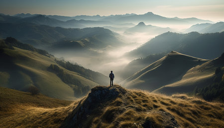 Standing silhouette, one person, backpack, mountain peak, sunrise, success generated by artificial intelligenceの素材