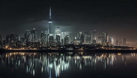 Modern city skyline reflects in glowing waterfront at dusk generated by artificial intelligenceの素材