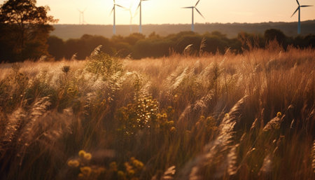 Silhouette of wind turbine propeller generates alternative energy in meadow generated by artificial intelligenceの素材