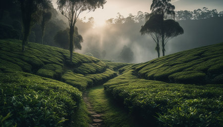 Green tea crop on terraced fields in tranquil Cameron Highlands generated by artificial intelligenceの素材