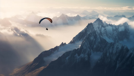 Men soar high up in the mountain range, experiencing exhilaration generated by artificial intelligenceの素材