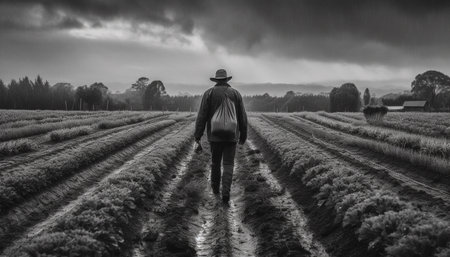One farmer walking through rural wheat fields in autumn generated by artificial intelligenceの素材