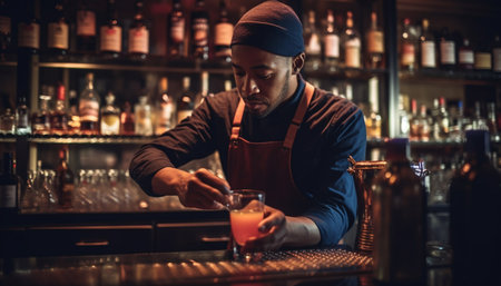 One handsome man mixing cocktail at bar counter with bottle generated by artificial intelligenceの素材