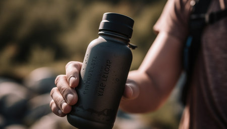 Healthy young adult holding water bottle while hiking in nature generated by artificial intelligenceの素材