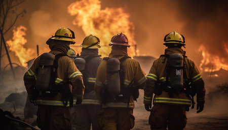 Heroes in protective workwear extinguish inferno with teamwork and urgency generated by artificial intelligenceの素材