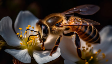 Busy honey bee collecting pollen from yellow flower in nature generated by artificial intelligenceの素材