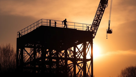 Silhouette of construction workers picking up steel on construction frame at sunset generated by artificial intelligenceの素材