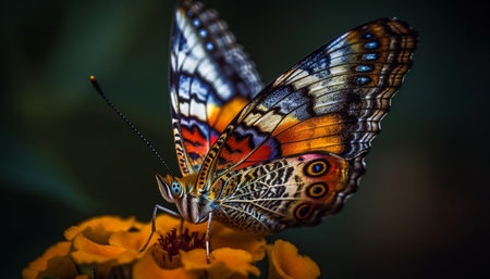 Vibrant butterfly wing in multi colored beauty, focus on foreground plant generated by artificial intelligenceの素材