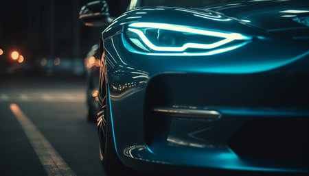 Modern sports car speeds through city streets at night generated by artificial intelligenceの素材