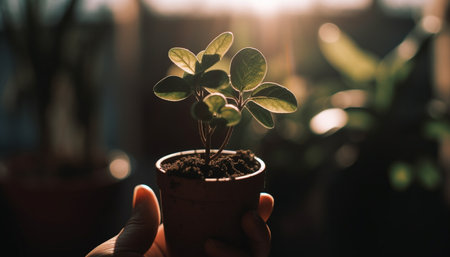 Hand holding fresh seedling in green flower pot for new life generated by artificial intelligenceの素材