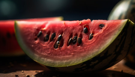 Juicy watermelon slice, ripe and sweet, perfect summer refreshment snack generated by artificial intelligenceの素材